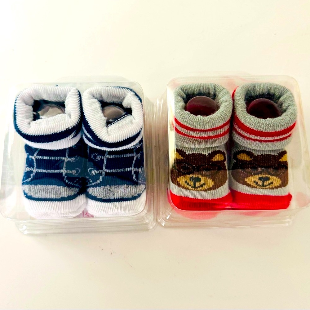 🛑 4 For $10 Swiggles Infant Booties Two Pair Red Bear and Blue Print 0-12 Mo NWT